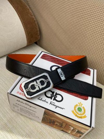 Buy Replica -Ferragamo Black Leather Belt  with Silver  Logo buckle Octagon Buckle 3.8cm